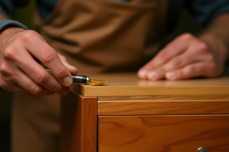 Detail shot of seasoned hands applying a natural finish to a piece of desert-inspired wooden furniture.